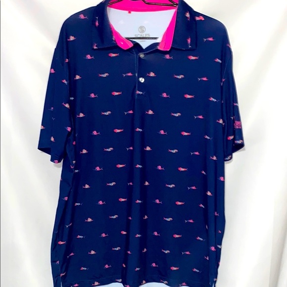 SCALES MENS SIZE LARGE GOLF POLO SHIRT BLUE MULTICOLOR FISH DESIGN  LONGER BACK - Picture 1 of 13
